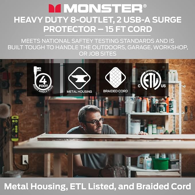 Monster Workshop Heavy-Duty Garage Power Strip Surge Protector - Mountable Heavy-Duty Wide-Spaced 8 Grounded AC & 2 USB-A Outlets with 14ft Angled Flat Plug - 1200 Joules - ETL Listed Black