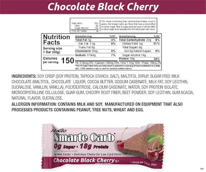 NuGo Smarte Carb Chocolate Black Cherry, 18g Protein, 0g Sugar, 2g Net Carbs, 150 Calorie, 12 Count
