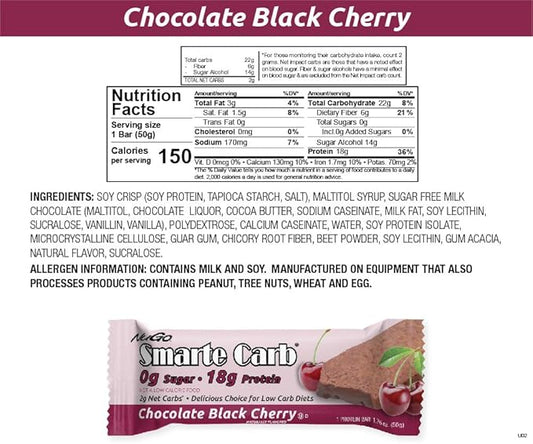 NuGo Smarte Carb Chocolate Black Cherry, 18g Protein, 0g Sugar, 2g Net Carbs, 150 Calorie, 12 Count