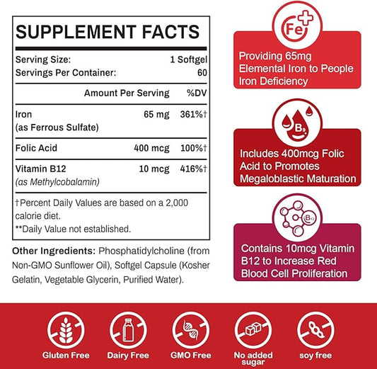 Liposomal Fe Iron Supplement for Women,65 mg Iron Supplements with Folic Acid & Vitamin B12 for Men,Red Blood Cell Production,Energy Support for Adults Iron Deficiency 60 Softgels(1 Bottle)
