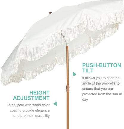 AMMSUN Boho Fringe Umbrella with Outdoor Blanket, 6.5ft UPF50+ Picnic Umbrella with Tassels with Steel Pole & Push Button Tilt, Antique White