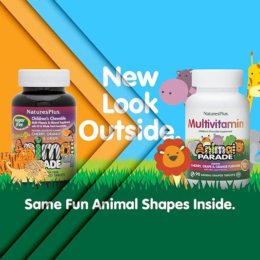 Natures Plus Animal Parade Sugar-Free Children's Multivitamin - Assorted Cherry, Grape & Orange Flavors - 90 Chewable Tablets - 45 Total Servings