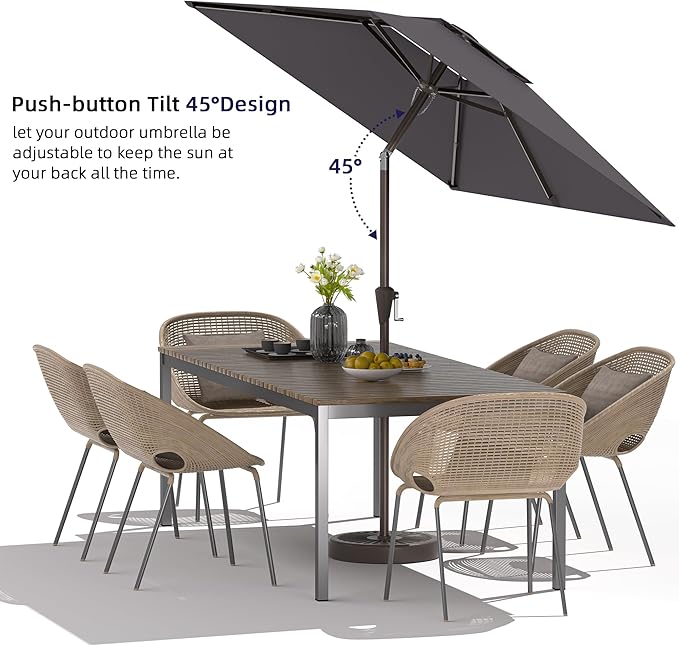 6.6x10ft Rectangular Patio Umbrella, 2 Tiers Outdoor Table Umbrellas with Push Button Tilt and Crank for Patio, Pool, Backyard, Deck, Picnic, Yard (Grey)