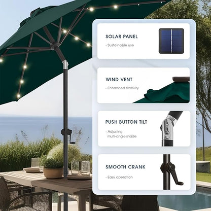 wikiwiki 9ft Solar Led Patio Umbrella, Sturdy Outdoor Market Umbrella for Deck, Pool, Garden w/Tilt, Crank, 32 LED Lights, Dark Green
