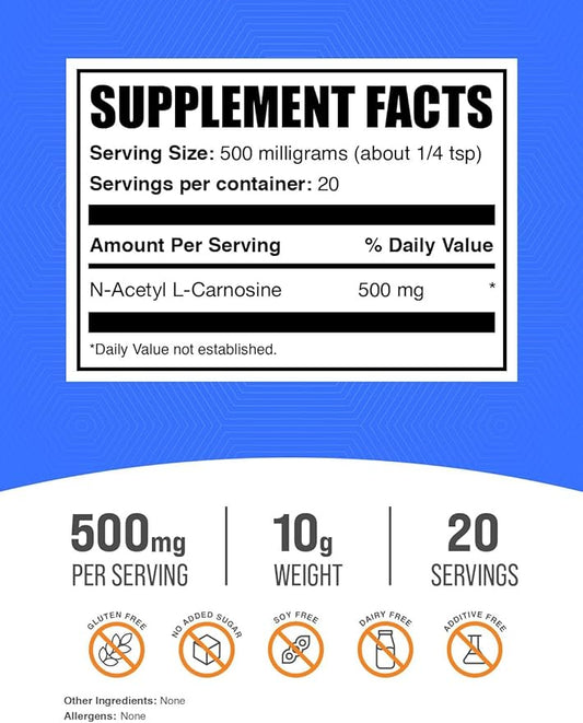 BulkSupplements.com N-Acetyl L-Carnosine Powder - Carnosine Supplement, N-Acetyl Carnosine 500mg - Gluten Free, 500mg per Serving, 10g (0.35 oz) (Pack of 1)
