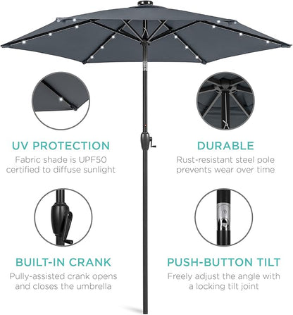 Best Choice Products 7.5ft Outdoor Solar Market Table Patio Umbrella for Deck, Pool w/Tilt, Crank, LED Lights - Slate