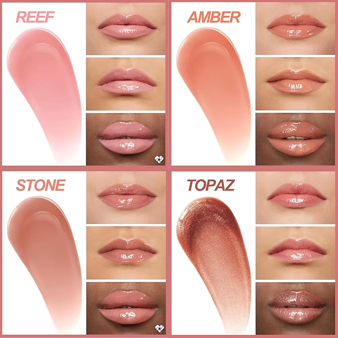4 Pcs Hydrating Lip Gloss, REEF/AMBER/STONE/TOPAZ High Moisturizing Oil Tint with Hyaluronic Acid, High Shine for Plumper Looking Lips (#B)