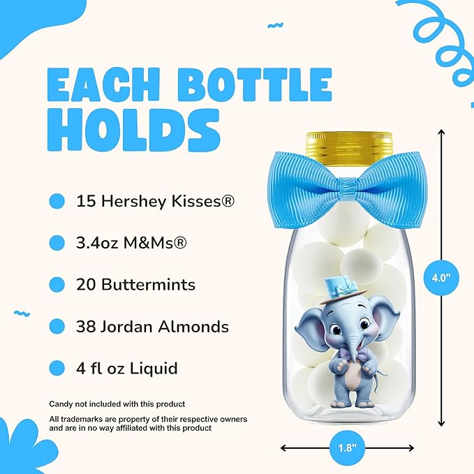 Small 12 Pack Blue Elephant Party Favors - Candy Jars with Ribbons and Stickers - DIY Party Decoration Bottles for Baby Shower, Birthday, Gender Reveal, and Classroom - Boy Table Centerpiece