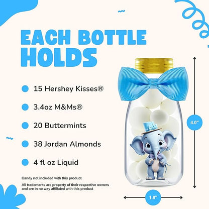 Small 12 Pack Blue Elephant Party Favors - Candy Jars with Ribbons and Stickers - DIY Party Decoration Bottles for Baby Shower, Birthday, Gender Reveal, and Classroom - Boy Table Centerpiece