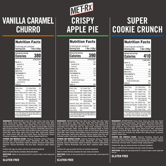 MET-Rx Big 100 Colossal Protein Bars Variety Pack, Super Cookie Crunch, Vanilla Caramel Churro, and Crispy Apple Pie Flavors, Brown, 12 Count