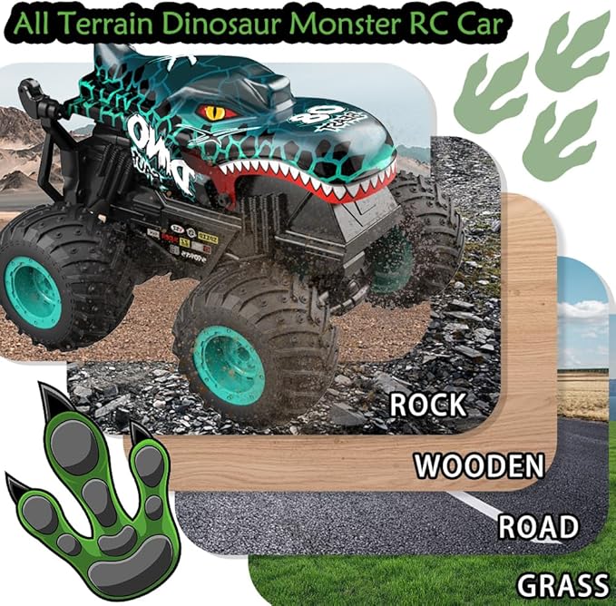 1:20 RC Car for kids, 2.4GHz Remotes, Cyan Dinosaur Monster Truck Toys, All Terrain stunt Remote Control Car with Music, Light, 2 Rechargeable Batteries, Gifts Presents for Boys/Girls Ages 3+