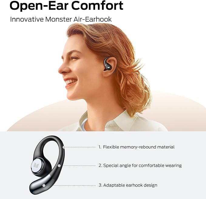 Monster Open Ear AC336 Headphones, Bluetooth 6.0 Wireless Earbuds with Stereo Sound, ENC Clear Call, 21H Playtime, Type-C Charging, Touch Control, IPX6 Waterproof Open Ear Earbuds for Sports Fitness