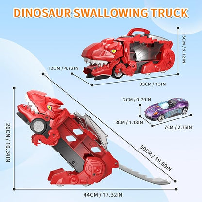 Dinosaur Transport Truck Toys - 9-in-1 Car Carrier & Track Set with 8 Mini Cars, Dino Monster Truck for Kids 3-12, Push & Pull Toy, Race & Storage Gift for Boys Girls (Red)