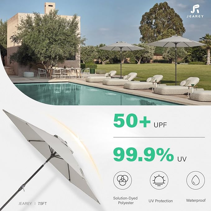 JEAREY 7.5FT Patio Umbrella Market Table Umbrella with 6 Sturdy Ribs, Push Button Tilt/Crank Outdoor Umbrella for Garden, Deck, Backyard, Pool and Beach,Light Grey