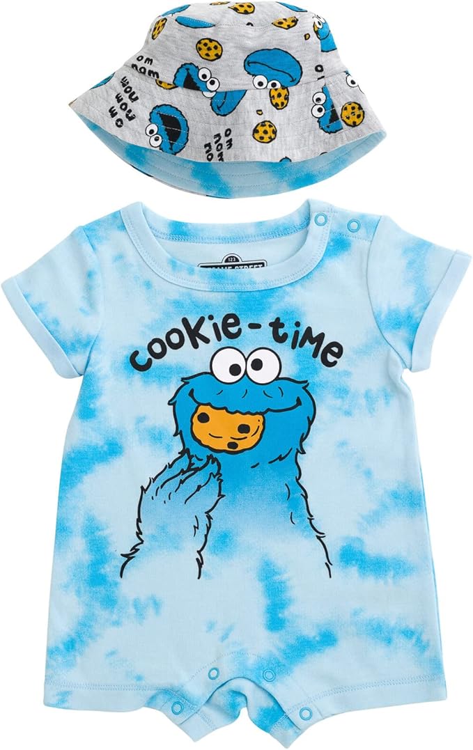 Sesame Street Elmo Cookie Monster Big Bird Romper and Bucket Sun Hat Newborn to Toddler