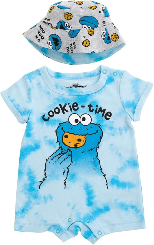 Sesame Street Elmo Cookie Monster Big Bird Romper and Bucket Sun Hat Newborn to Toddler