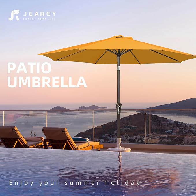 JEAREY 9FT Outdoor Patio Umbrella Outdoor Table Umbrella with Push Button Tilt and Crank, Market Umbrella 8 Sturdy Ribs UV Protection Waterproof for Garden, Deck, Backyard, Pool (Deep Orange)