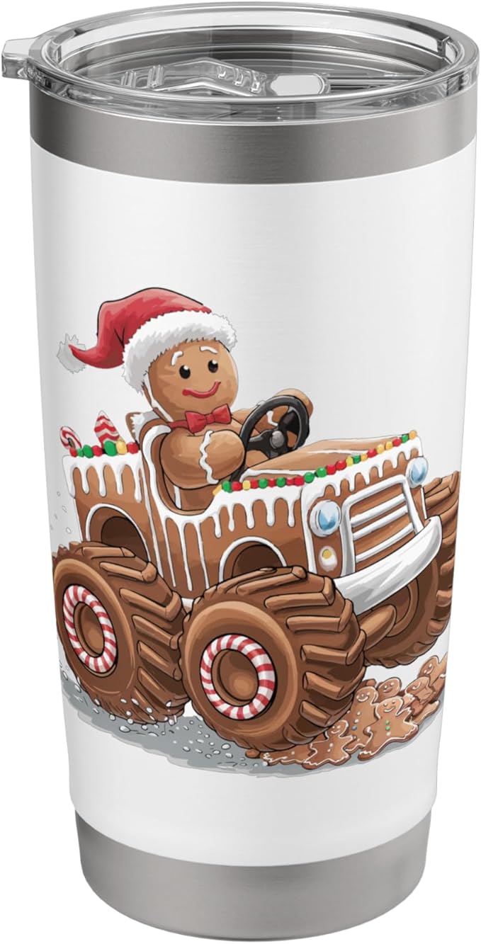 Funny Monster Truck Gingerbread Man Christmas Cookies Boys Stainless Steel Insulated Tumbler