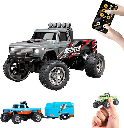 Mini Monster Truck, 1:64 Scale Remote Control Car with Lights, 2.4GHz Off-Road RC Truck, USB Rechargeable RC Car with Adjustable Speed for Kids Indoor & Outdoor Racing (Grey)