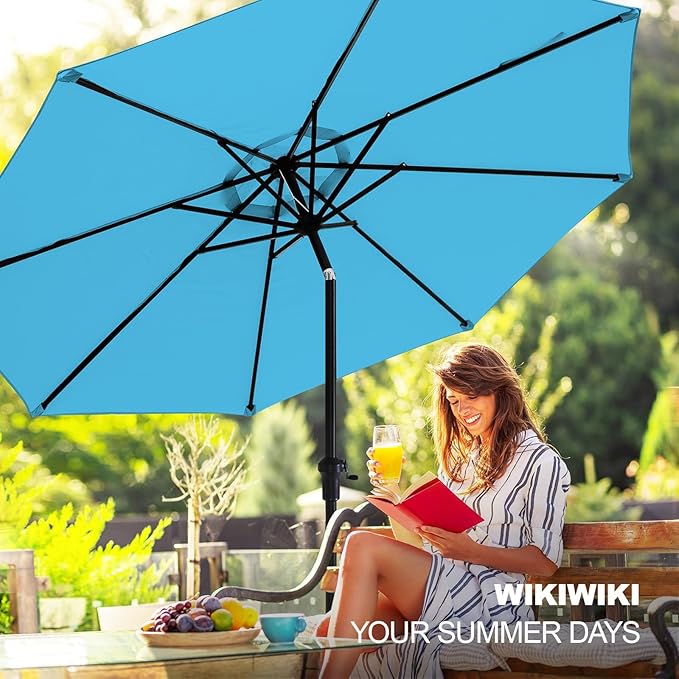 wikiwiki 10 FT Patio Umbrellas Outdoor Table Market Umbrella with Push Button Tilt/Crank, 8 Sturdy Ribs, Fade Resistant Waterproof POLYESTER DTY Canopy for Garden, Lawn, Backyard & Pool, Sky Blue