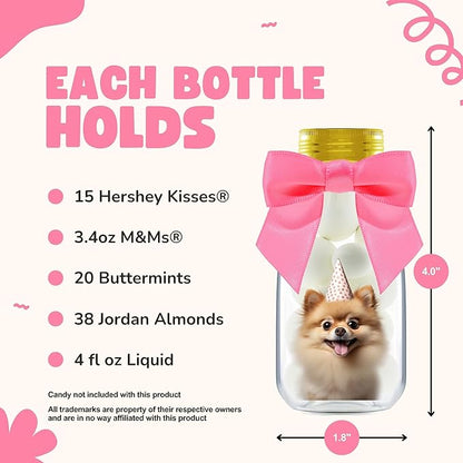Small 12 Pack Dog Party Favors - DIY Candy Jars with Ribbons and Stickers - Puppy Pawty Decoration Bottles for Birthday, School Classroom - Paw Pup Treat Table Centerpiece for Kids and Adults