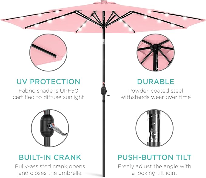 Best Choice Products 10ft Solar Polyester LED Lighted Patio Umbrella w/Tilt Adjustment and UV-Resistant Fabric - Carnation