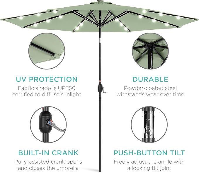 Best Choice Products 10ft Solar Polyester LED Lighted Patio Umbrella w/Tilt Adjustment and UV-Resistant Fabric - Sage Green