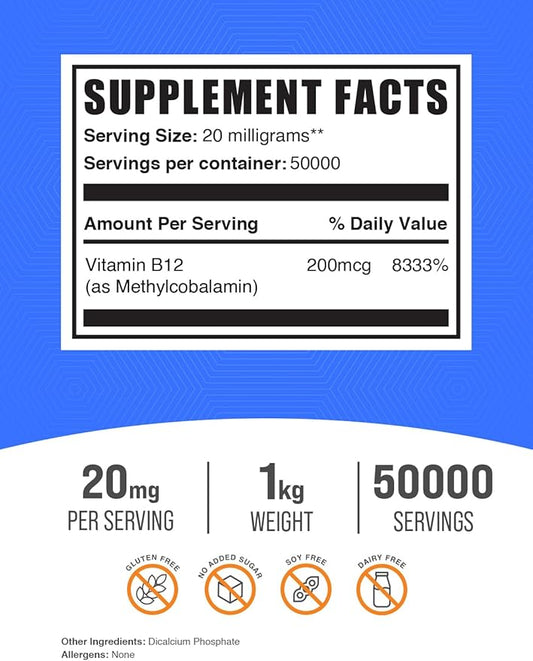 BulkSupplements.com Vitamin B12 Methylcobalamin Powder - 1% B12 Methylcobalamin, Essential B Vitamin - B12 Supplement, Gluten Free, 20mg per Serving, 1kg (2.2 lbs) (Pack of 1)
