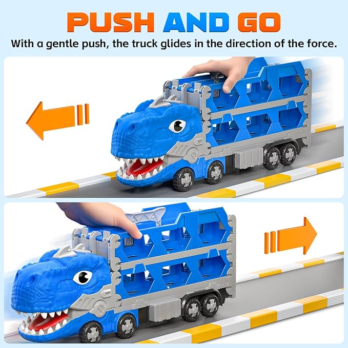 Dinosaur Truck Toys for Boys, Foldable Track Monster Trucks with 6 Mini Alloy Cars - Race Car Toys for Toddlers 2-4, 3-5 Years Transport Carrier for Kids Boys & Girls Play Set