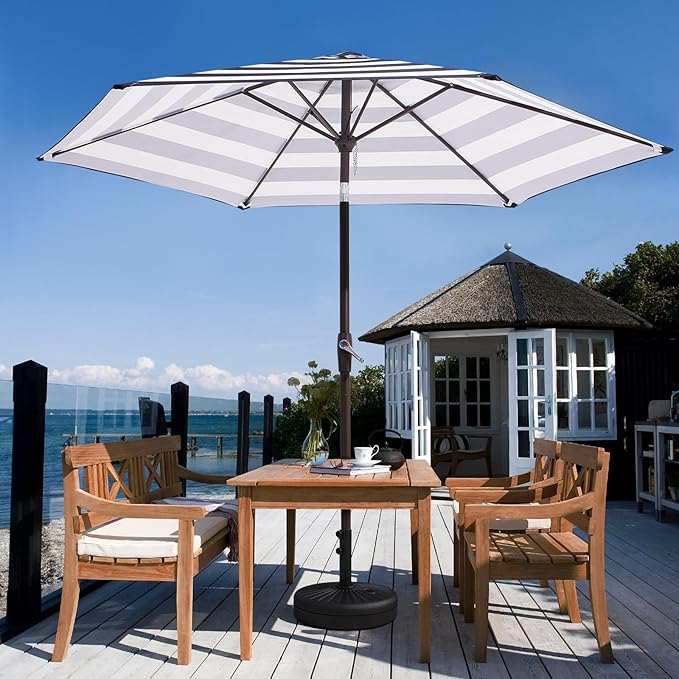 JEAREY 7.5FT Patio Umbrella Market Table Umbrella with 6 Sturdy Ribs, Push Button Tilt/Crank Outdoor Umbrella for Garden, Deck, Backyard, Pool and Beach,Black-White Stripe