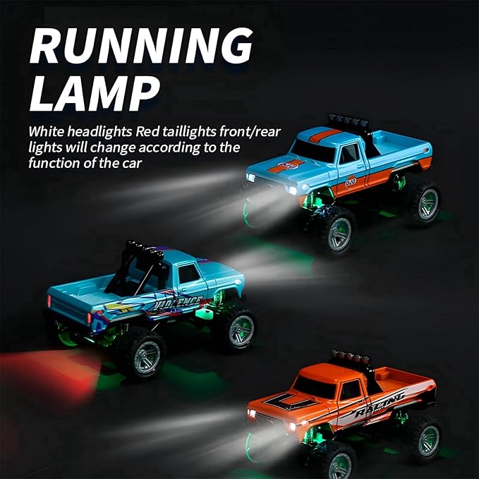 Mini RC Car, 1/64 Scale Mini Remote Control Monster Truck with Trailer, 2.4Ghz & APP Remote Control, Rechargeable Alloy Shell Mini RC Cars with Lights, Speed/Steering Adjustable (Blue-b)