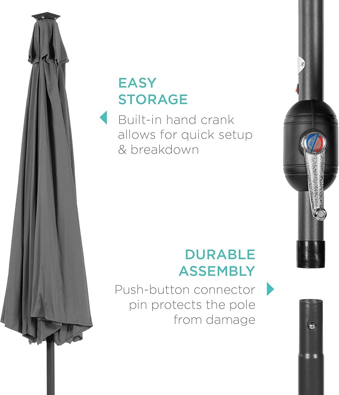 Best Choice Products 10ft Solar Polyester LED Lighted Patio Umbrella w/Tilt Adjustment and UV-Resistant Fabric - Gray