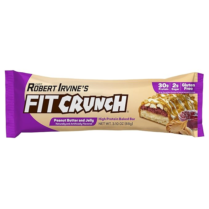FITCRUNCH Full Size Protein Bars, 6-Layer Baked Bar, 2g of Sugar, Gluten Free & Soft Cake Core (12 Bars, Peanut Butter and Jelly)