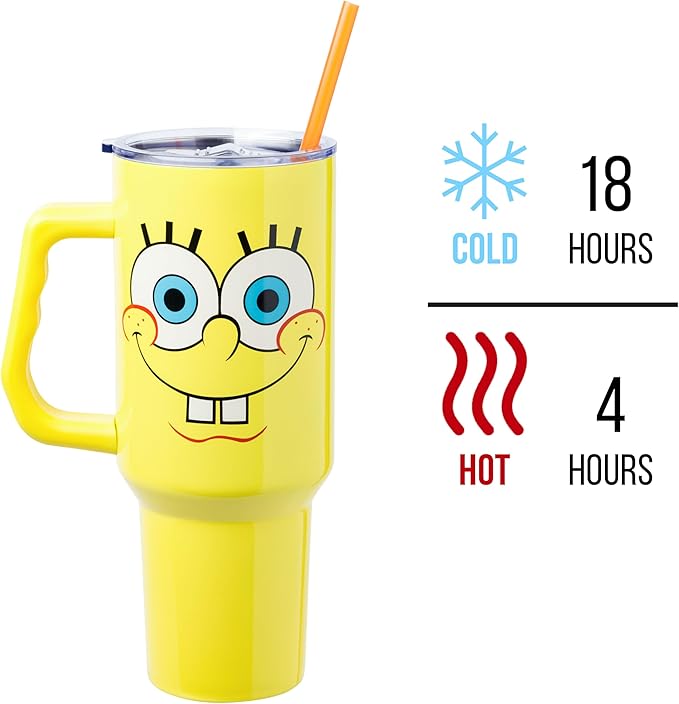 Silver Buffalo Spongebob Squarepants Smiling Face Stainless Steel Tumbler with Handle and Straw, Fits in Standard Cup Holder, 40 Ounces