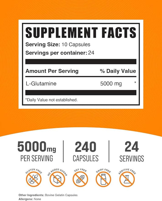 BulkSupplements.com L-Glutamine Capsules - Glutamine Supplement, L Glutamine 5000mg, L Glutamine Pills - Gut Health, Gluten Free, 10 Capsules per Serving, 240 Capsules (Pack of 1)