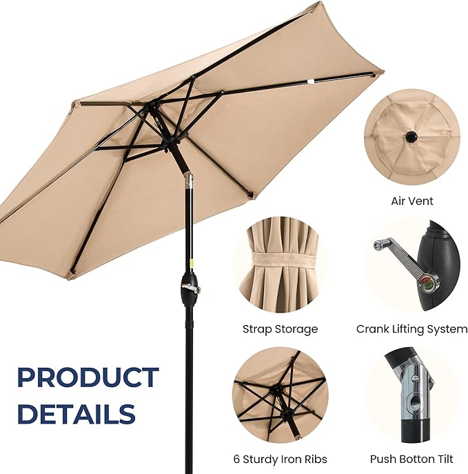SUNVIVI OUTDOOR 7.5' Outdoor Patio Umbrella, Patio Umbrella, Market Umbrella, Metal Pole Umbrella with Push Button Tilt and Crank, 6 Ribs, Polyester Canopy