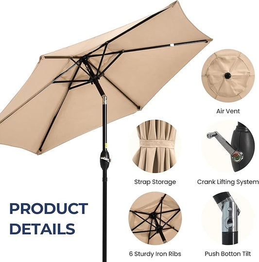 SUNVIVI OUTDOOR 7.5' Outdoor Patio Umbrella, Patio Umbrella, Market Umbrella, Metal Pole Umbrella with Push Button Tilt and Crank, 6 Ribs, Polyester Canopy