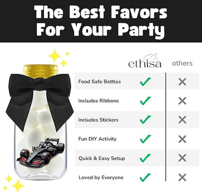 Small 12 Pack Race Car Party Favors - DIY Candy Jars with Ribbons and Stickers - Party Decoration Bottles for Birthday, School Classroom, and Baby Shower - Racecar Table Centerpiece for Kids