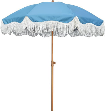 AMMSUN Boho Fringe Umbrella Outdoor Patio, 6.5ft UPF50+ Picnic Umbrella with Tassels with Steel Pole and Push Button Tilt, Blue