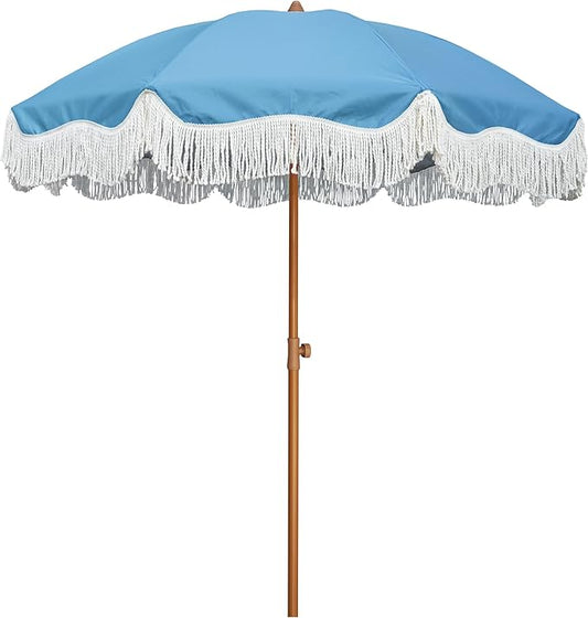 AMMSUN Boho Fringe Umbrella Outdoor Patio, 6.5ft UPF50+ Picnic Umbrella with Tassels with Steel Pole and Push Button Tilt, Blue