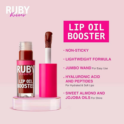 Ruby Kisses Lip Oil Booster, Hydrating Lip Gloss with Nourishing Natural Oil Blend, Jumbo Wand for Easy Application, Non-Sticky Formula (Chocolate)