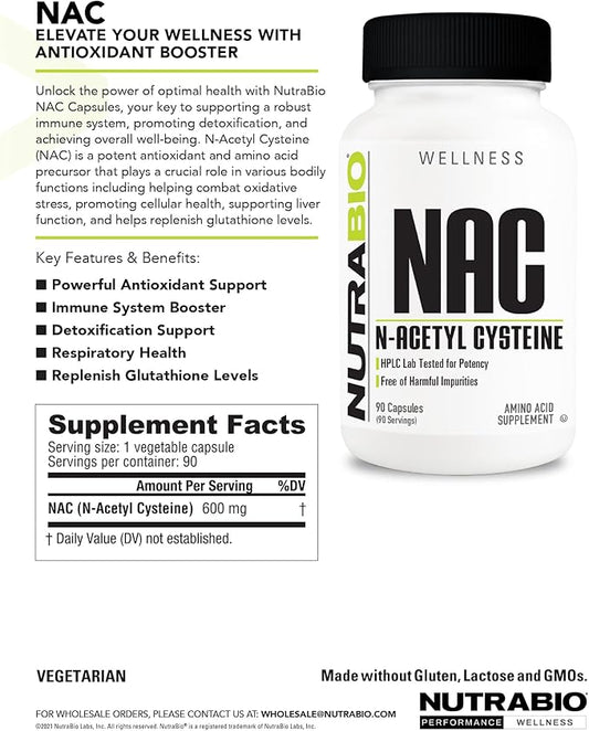 NutraBio N-Acetyl Cysteine Supplement (NAC) - 90 Capsules, 600mg Each - Powerful Anti-Oxidant - Immune Support - Boost Glutathione