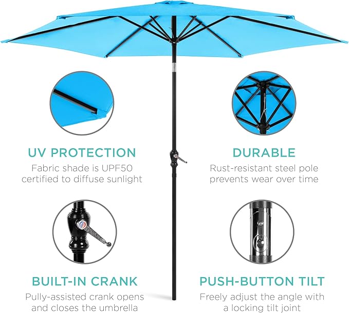 Best Choice Products 10ft Outdoor Steel Polyester Market Patio Umbrella w/Crank, Easy Push Button, Tilt, Table Compatible - Sky Blue