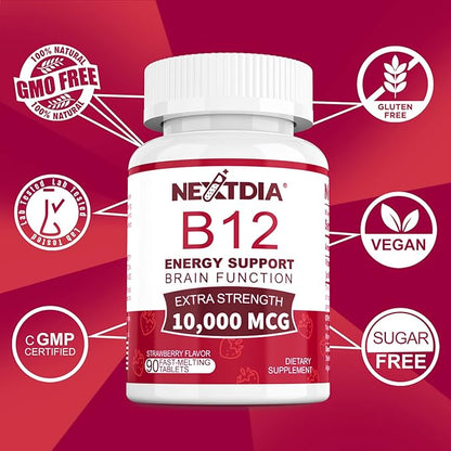Vitamin B12, Methylcobalamin 10000 mcg, Bioactive B12 Vitamins, Vegan Methyl B12 For Energy Metabolism & Cells, Boost Immune System, Natural Strawberry Flavor, Zero Sugar, 90 Fast Dissolve Tablets