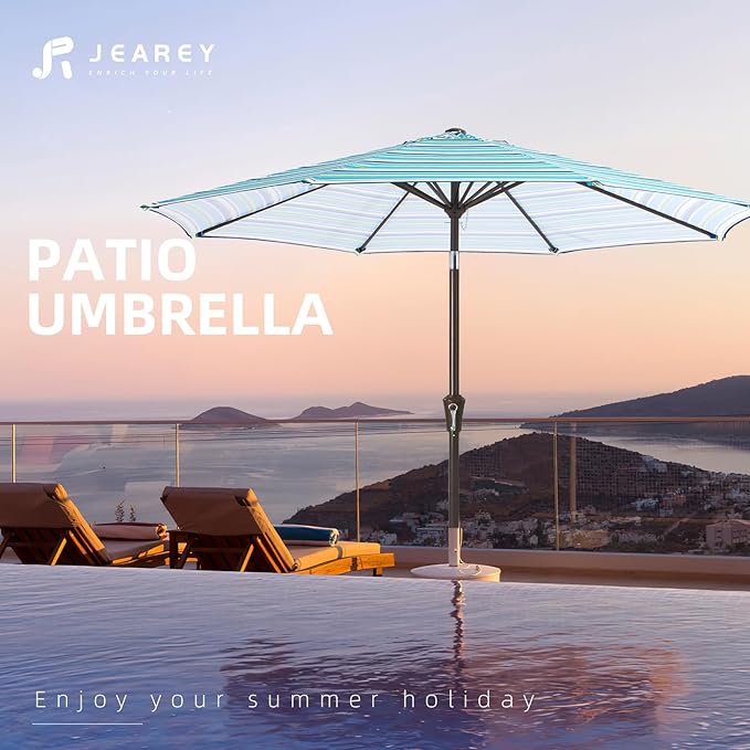 JEAREY 9FT Outdoor Patio Umbrella Outdoor Table Umbrella with Push Button Tilt and Crank, Market Umbrella 8 Sturdy Ribs UV Protection Waterproof for Garden, Deck, Backyard, Pool (Blue Green Stripe)