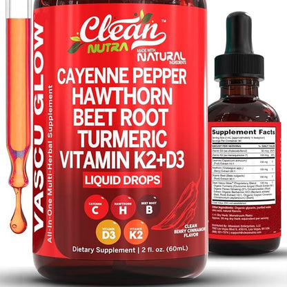 Clean Nutra Cayenne Pepper Drops Supplement Liquid + Hawthorn Berry, Vitamin D3 K2 Beet Root Powder, Ceylon Cinnamon, Turmeric Curcumin, Organic Panax Ginseng, Berberine Extract Organic