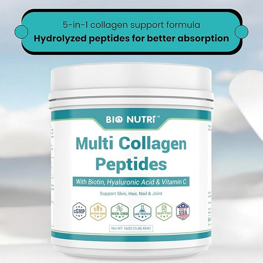 Collagen Peptides - Multi Collagen Peptides with 5 Types - Hydrolyzed Collagen Peptides Powder with Biotin & HA - Support for Hair, Skin, Nails & Joints