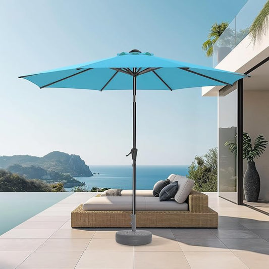 9ft Outdoor Patio Umbrella - UPF50+ UV Protection Market Patio Table Umbrella with Push Button Tilt, Crank and 8 Sturdy Ribs for Pool Deck and Garden (Light Blue, No base)