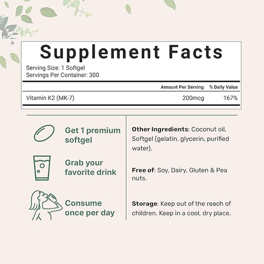 Micro Ingredients Vitamin K2 MK-7 Supplement, 200 mcg Per Serving, 300 Coconut Oil Softgels | Easily Absorbed, Active Menaquinone Form | Immune, Joint, & Heart Support | Non-GMO