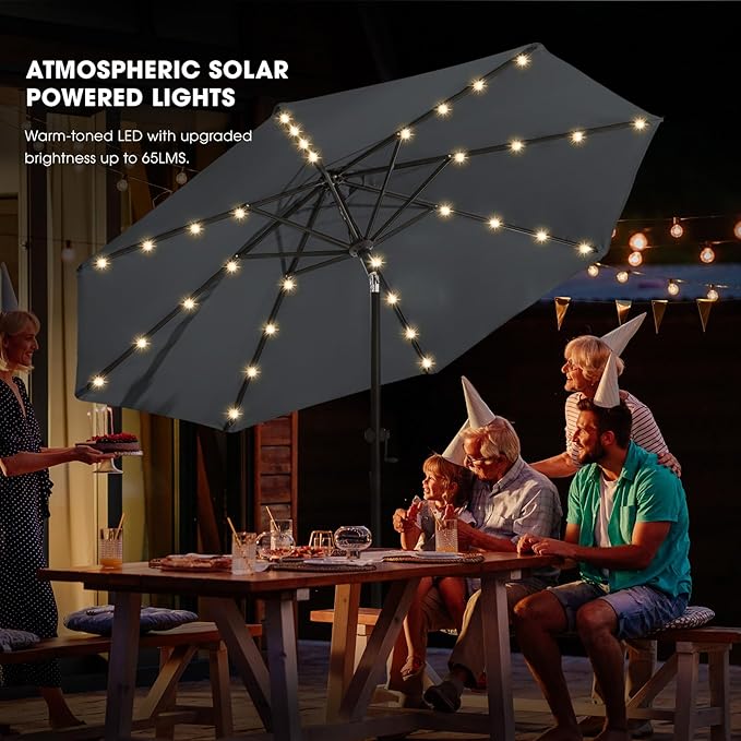 wikiwiki 9ft Solar Led Patio Umbrella, Sturdy Outdoor Market Umbrella for Deck, Pool, Garden w/Tilt, Crank, 32 LED Lights, Dark Gray
